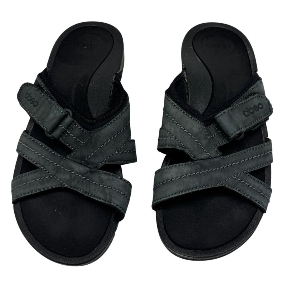 Abeo Womens Walking Sandals 8 Black Green Leather Slip On Crisscross Open Toe